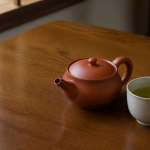 蓋をした朱色の急須と棒茶の湯のみ