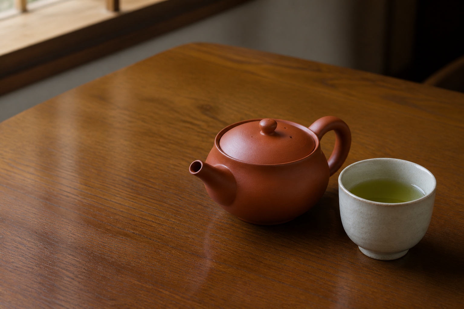 蓋をした朱色の急須と棒茶の湯のみ