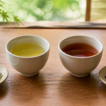 淡い黄緑色の棒茶と琥珀色のほうじ茶を並べた二つの湯のみ
