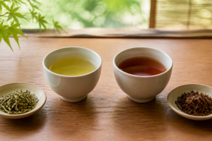 淡い黄緑色の棒茶と琥珀色のほうじ茶を並べた二つの湯のみ