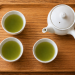 急須と3つの湯のみを並べた棒茶の来客用説明イメージ