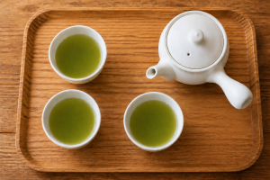 急須と3つの湯のみを並べた棒茶の来客用説明イメージ