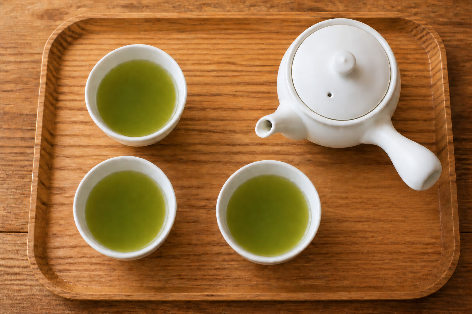 急須と3つの湯のみを並べた棒茶の来客用説明イメージ