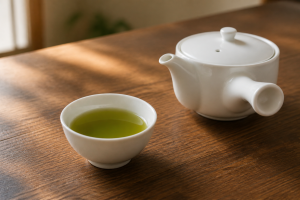 白い湯のみと急須に淹れた棒茶