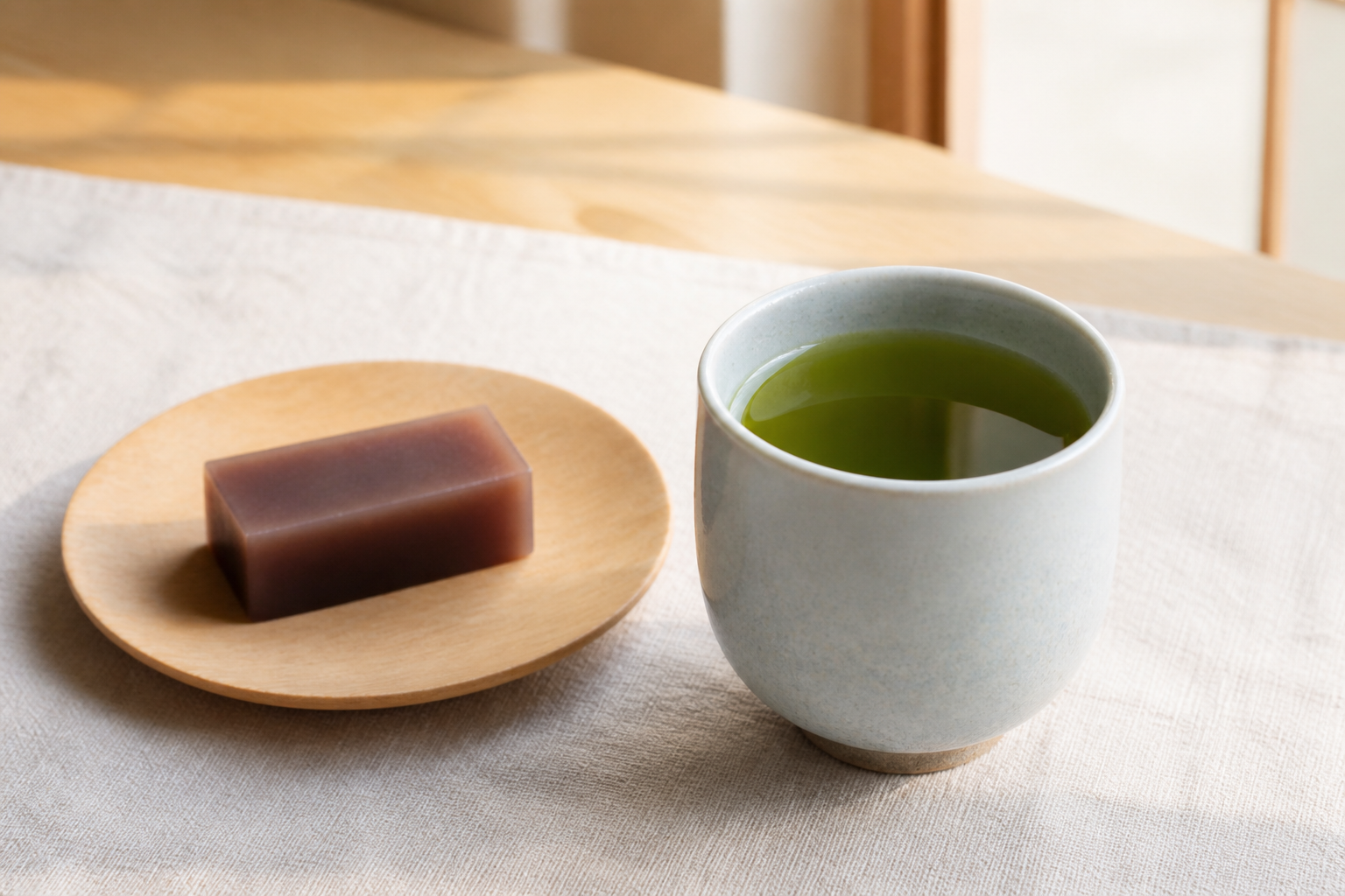 棒茶を入れた青灰色の湯のみと、木皿に添えた羊羹の説明用イメージ