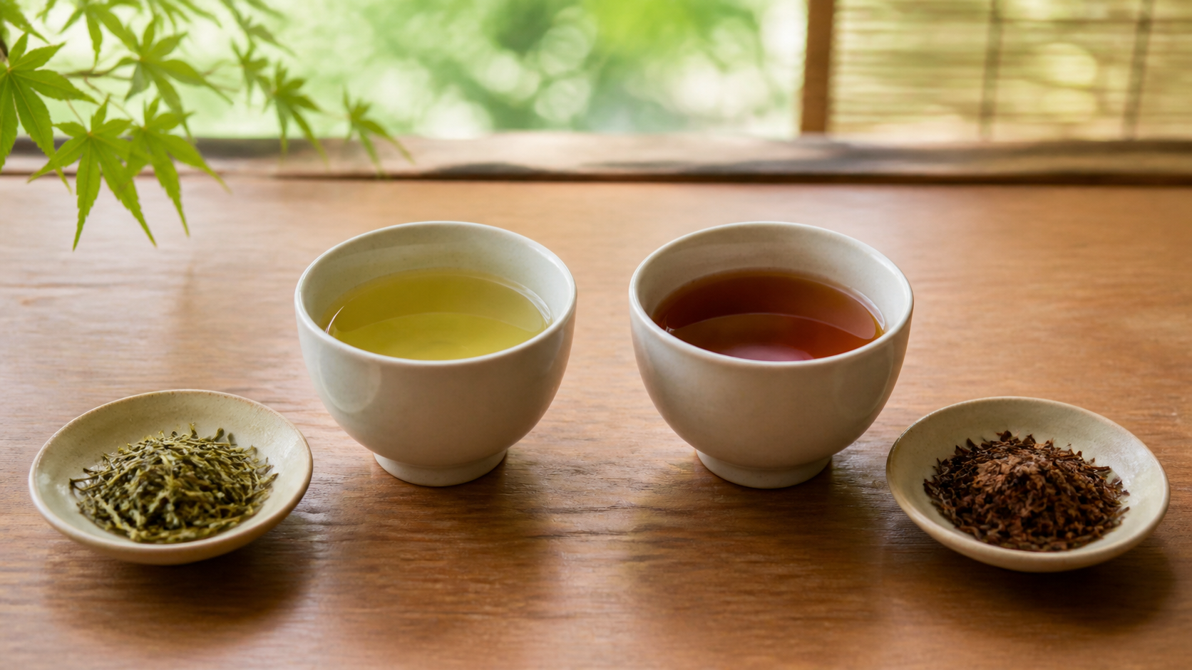 淡い黄緑色の棒茶と琥珀色のほうじ茶を並べた二つの湯のみ