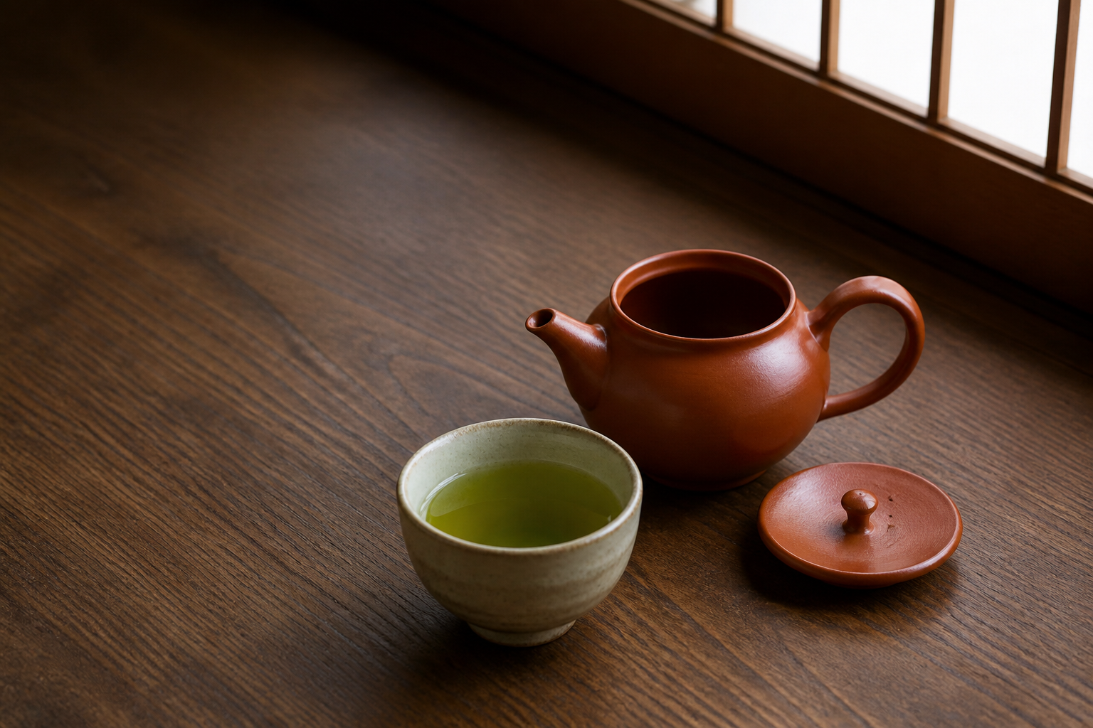 蓋を外して水気を切る急須と棒茶の湯のみ
