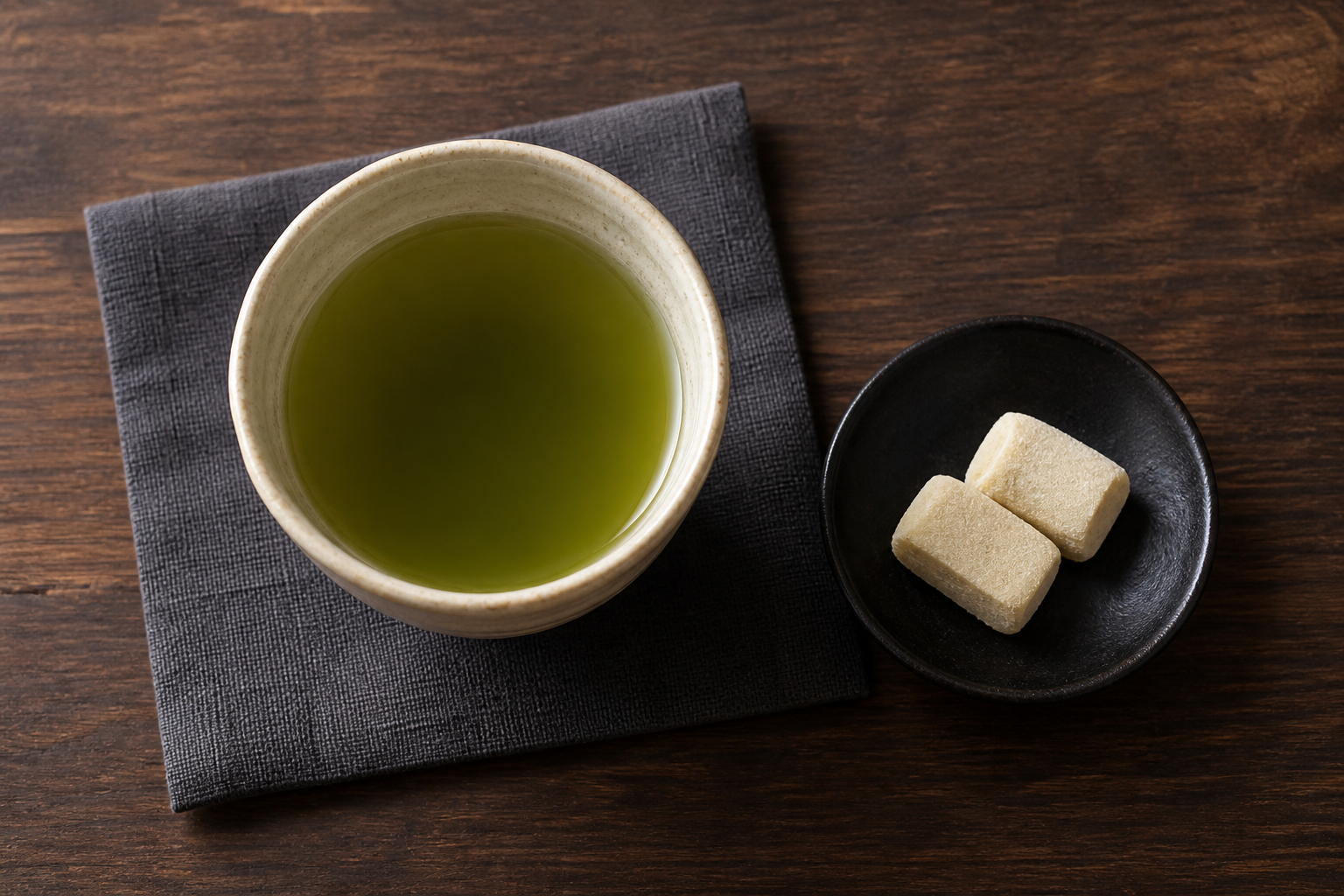 深い黄緑色の棒茶を入れた湯のみと、小さな甘味を黒い器に添えた説明用イメージ