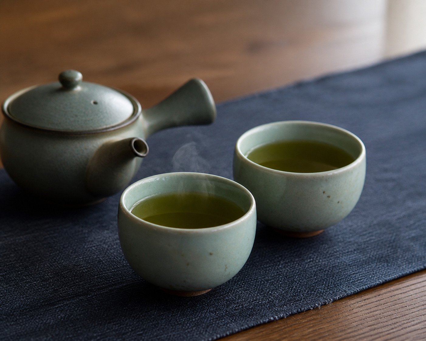 青灰色の急須と2つの青磁の湯のみを並べた棒茶の説明イメージ