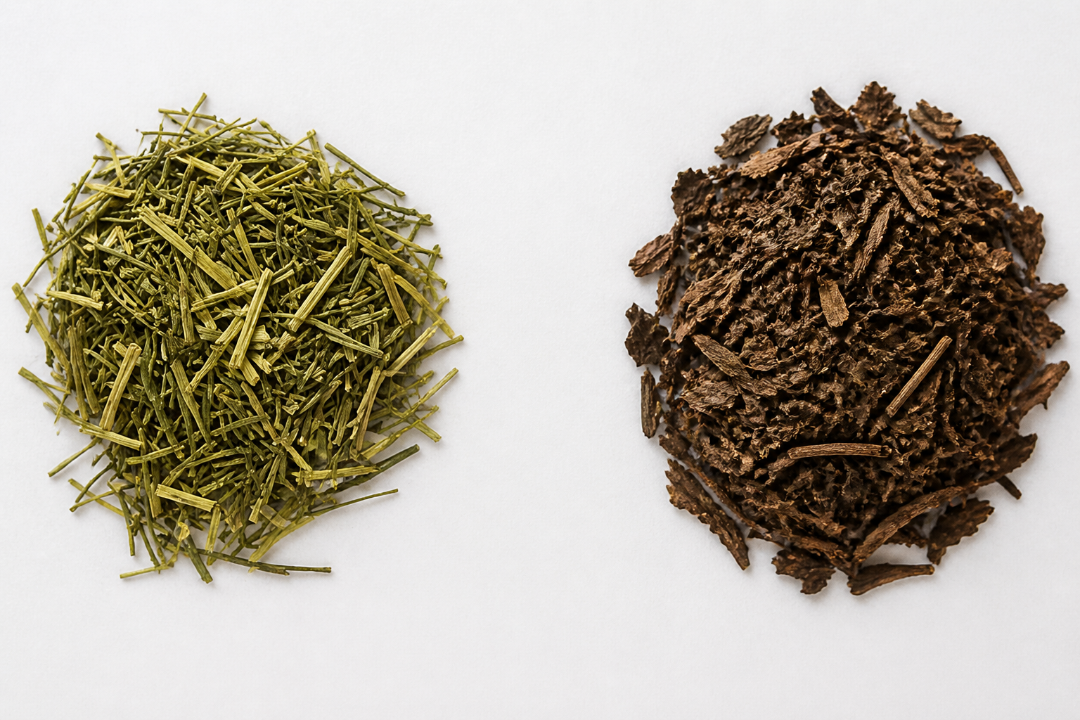 淡い緑色の棒茶の茎と濃い茶色に焙じたほうじ茶の茶葉を並べた写真