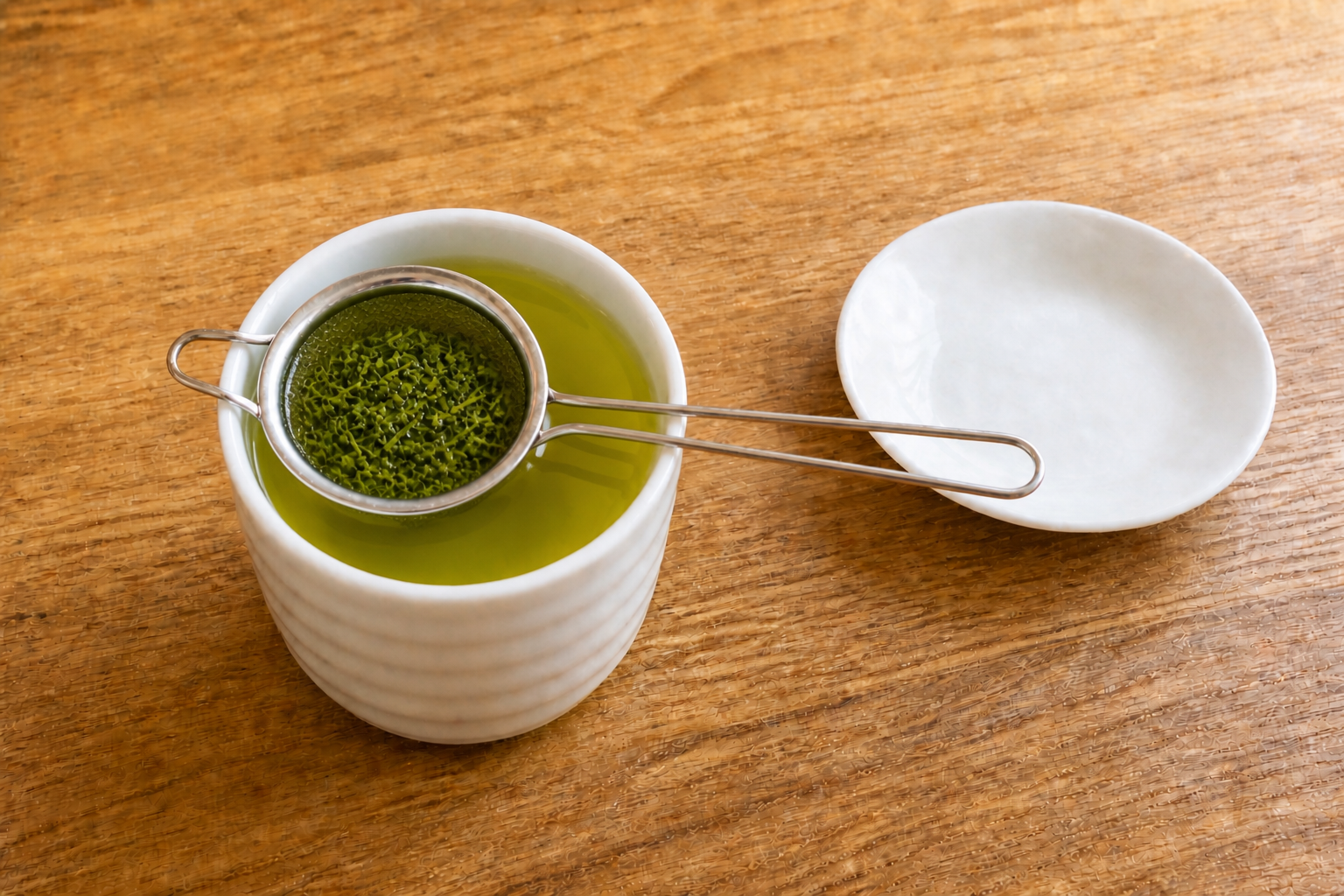 緑茶の水面が見える和風湯のみで、茶こしの中の棒茶葉を湯に浸けている説明用イメージ