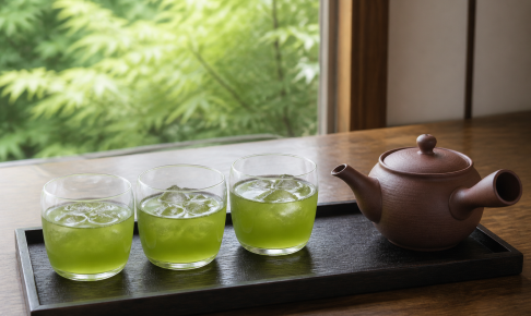 氷を入れた3つのグラスと常滑焼風の急須を木のトレーに置いた、棒茶を均等に注ぎ回す説明用イメージ