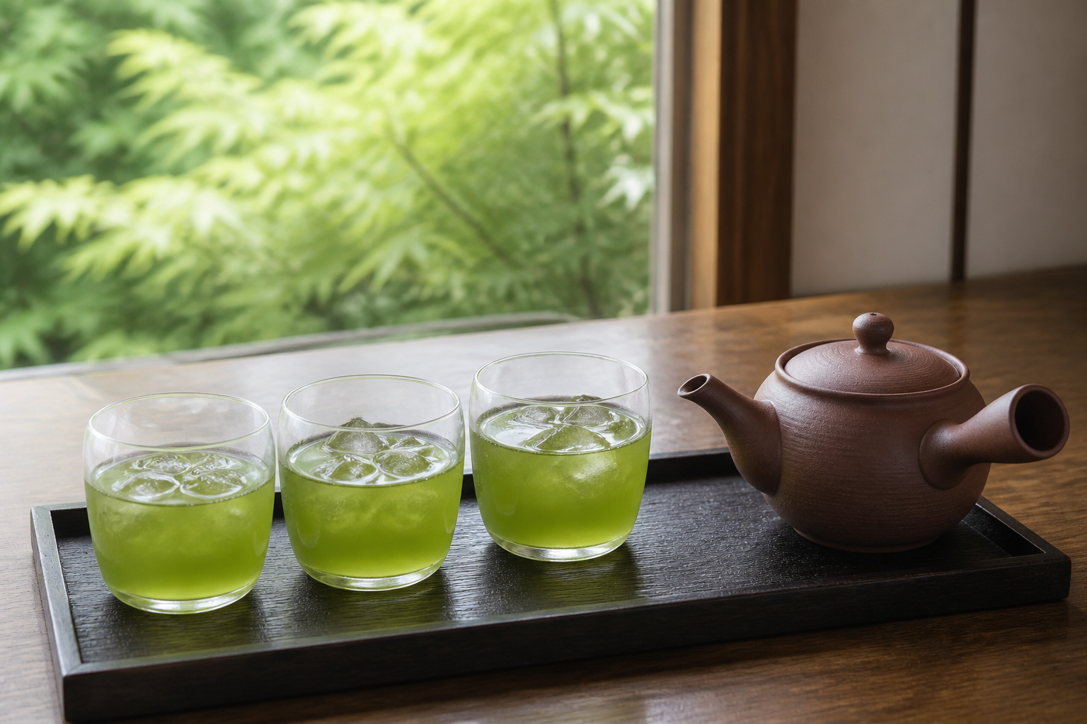 氷を入れた3つのグラスと常滑焼風の急須を木のトレーに置いた、棒茶を均等に注ぎ回す説明用イメージ