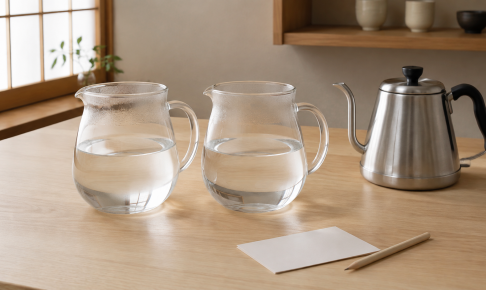 棒茶の香りを比べるため、水だけを替えて試す準備を表した説明用イメージ