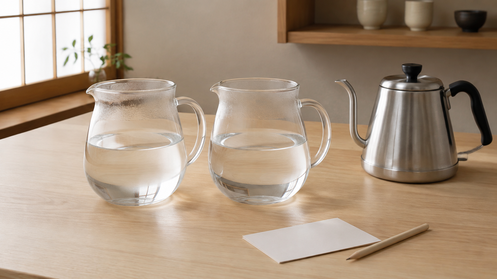 棒茶の香りを比べるため、水だけを替えて試す準備を表した説明用イメージ