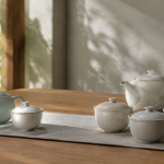 特選棒茶と熱湯棒茶の選び分けを、二つの無銘の茶器で表した説明用イメージ