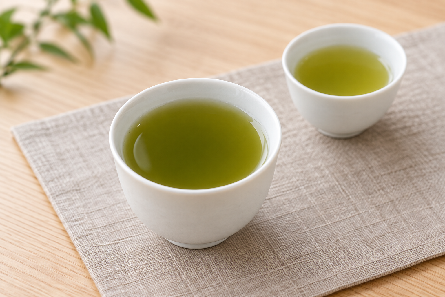 濃淡の異なる緑色の棒茶を入れた二つの白い湯のみ