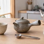 小さな急須、湯のみ、小さじ、タイマー、やかんを並べた熱湯棒茶の準備イメージ