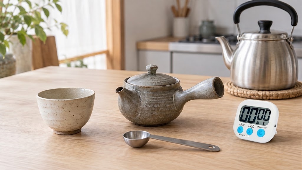 小さな急須、湯のみ、小さじ、タイマー、やかんを並べた熱湯棒茶の準備イメージ