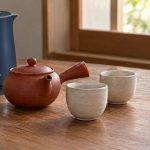 電気ケトルと急須、湯のみを並べた棒茶の二煎目イメージ