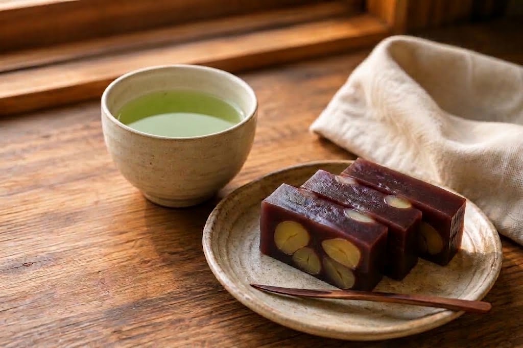 羊羹と棒茶の湯色