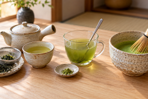 粉茶をいれる急須、粉末茶を混ぜるカップ、抹茶を点てる茶碗と茶筅を並べたイメージ