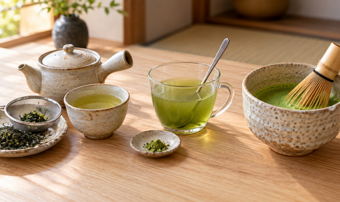 粉茶をいれる急須、粉末茶を混ぜるカップ、抹茶を点てる茶碗と茶筅を並べたイメージ