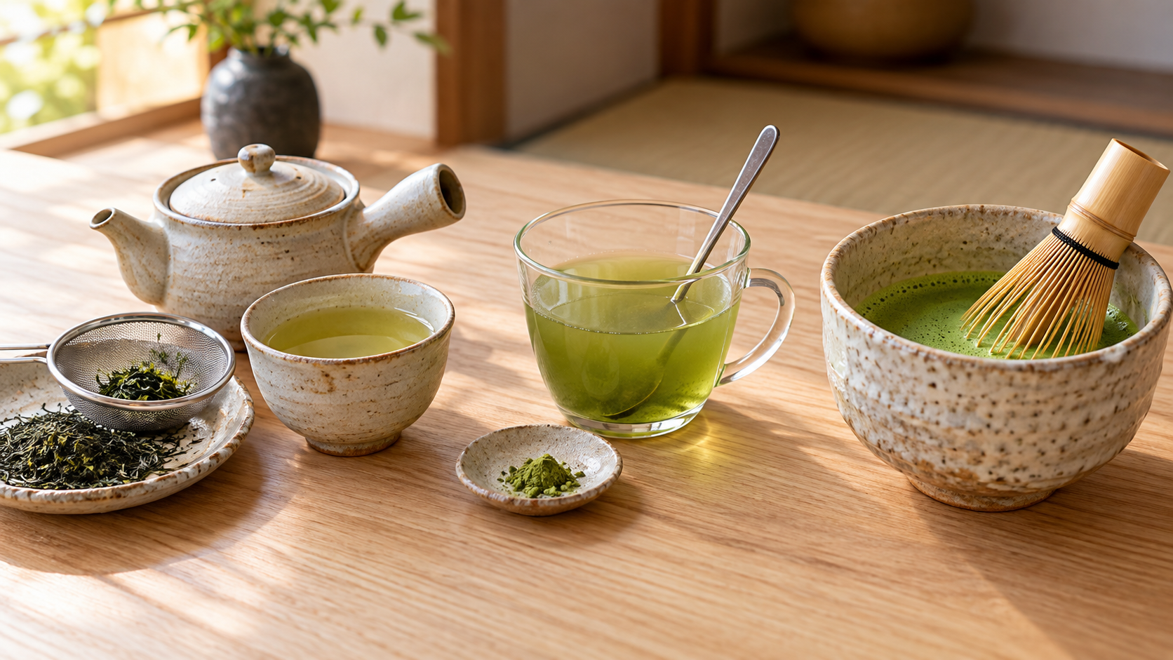 粉茶をいれる急須、粉末茶を混ぜるカップ、抹茶を点てる茶碗と茶筅を並べたイメージ