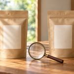 無地の茶袋二つを虫眼鏡で見比べる、棒茶と番茶の違いの説明用イメージ