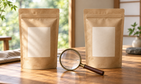 無地の茶袋二つを虫眼鏡で見比べる、棒茶と番茶の違いの説明用イメージ