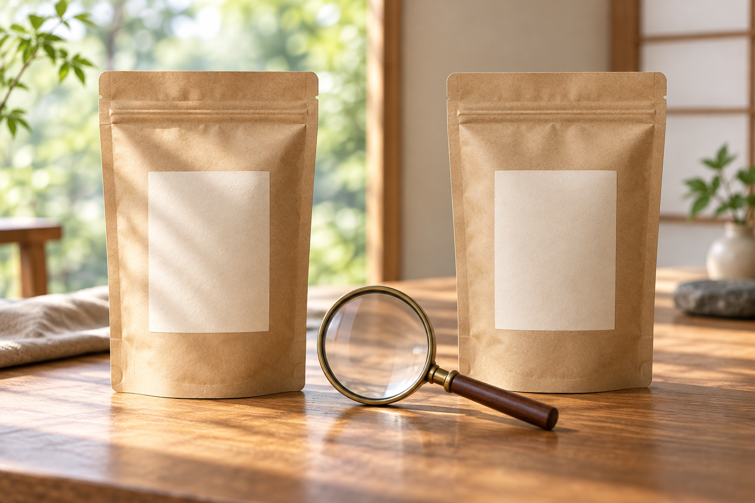 無地の茶袋二つを虫眼鏡で見比べる、棒茶と番茶の違いの説明用イメージ