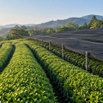 茶畑の一部を遮光資材で覆う、かぶせ茶の被覆栽培の説明用イメージ