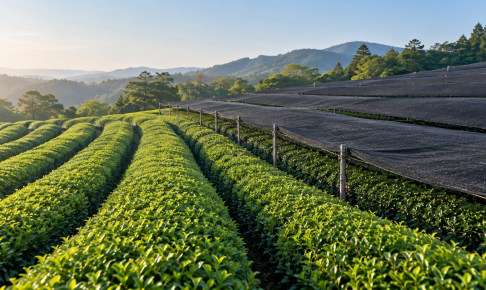 茶畑の一部を遮光資材で覆う、かぶせ茶の被覆栽培の説明用イメージ