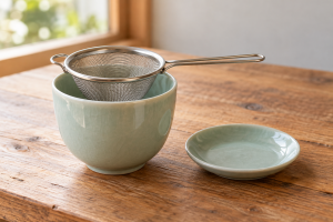 空の深い茶こしをのせた青磁の湯のみと小皿