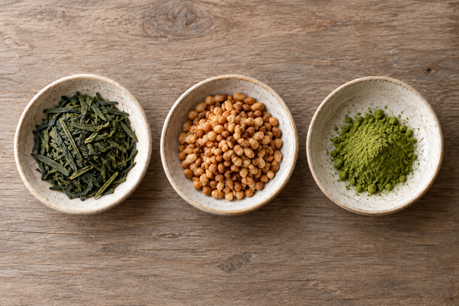 茶葉・炒り米・抹茶を3つの器に分けた玄米茶の原料イメージ