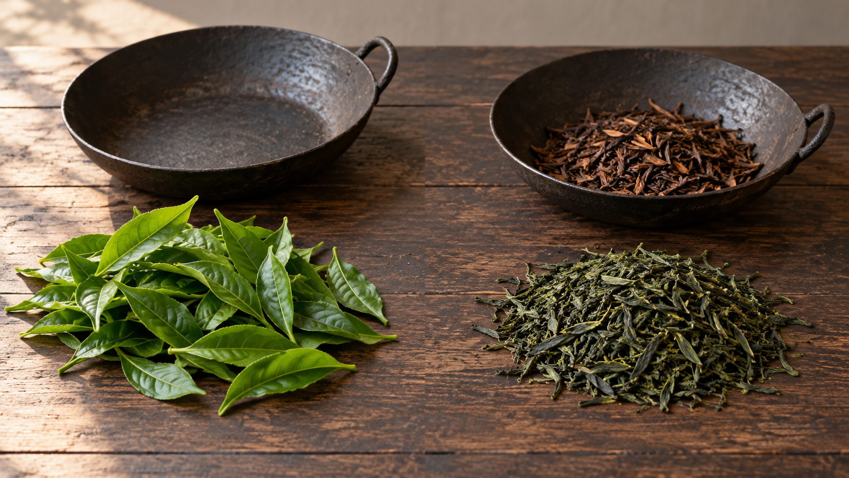 生葉への初期加熱と製茶後の焙じを対比した釜炒り茶とほうじ茶の説明用イメージ