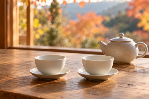 秋の光が差す木のテーブルに並べた空の白い茶杯と茶器