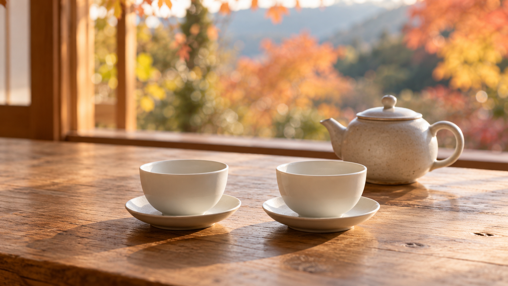 秋の光が差す木のテーブルに並べた空の白い茶杯と茶器