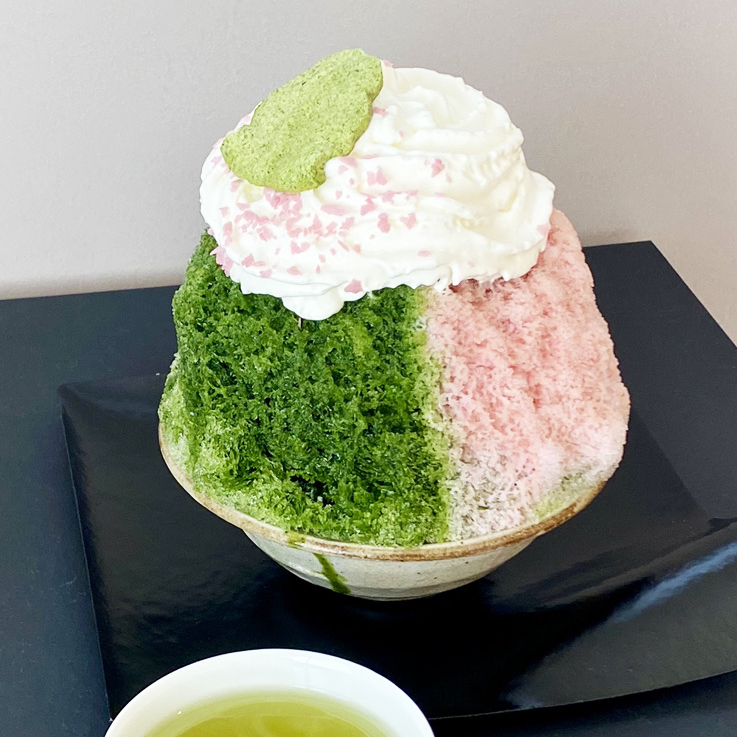 抹茶と桜色の蜜にクリームチーズエスプーマを飾った桜彩氷